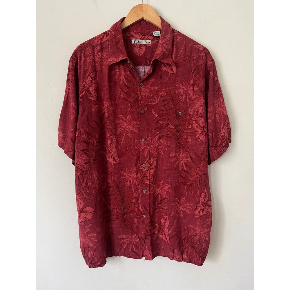 Batik Bay Mens XL Red Tropical Palm Leaf Rayon Short Sleeve Button Down Shirt